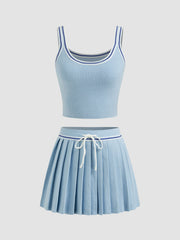 Knit U-neckline Stripe Tank Top & Mid Rise Pleated Mini Skirt Set
