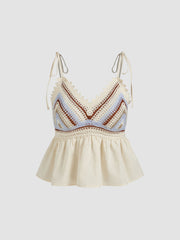 Linen-blend V-neck Crochet Shirred Ruffle Hem Cami Top