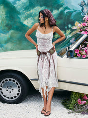 Lace V-neck Floral Ruffle Hem Maxi Dress
