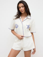 Linen-blend Graphic Contrasting Binding Oversized Top With Straight Leg Shorts
