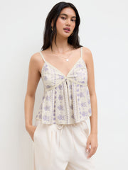 Linen-blend V-neck Floral Lace Trim Ruffle Tank Top