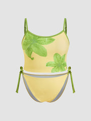 Square Neck Floral Contrasting Binding Tankini Tie Side Bikini Set Curve & Plus