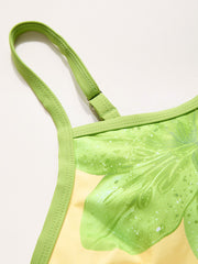Square Neck Floral Contrasting Binding Tankini Tie Side Bikini Set Curve & Plus