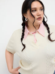 Cable Knit Collar Stripe Two Tone Top Curve & Plus