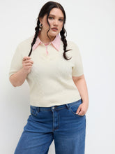 Cable Knit Collar Stripe Two Tone Top Curve & Plus