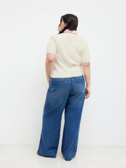 Cable Knit Collar Stripe Two Tone Top Curve & Plus