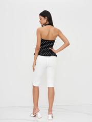 Knit Halter Neck Polka Dot Ruffle Hem Tank Top