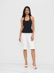 Knit Halter Neck Polka Dot Ruffle Hem Tank Top