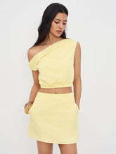 Linen-blend Asymmetrical Neck Elastic Waist Crop Top With Mini Skirt
