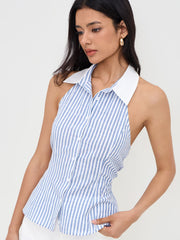 Cotton-blend Halter Neckline Stripe Backless Top