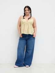 Cotton-blend V-neck Floral Lettuce Trim Ruffle Cami Top Curve & Plus