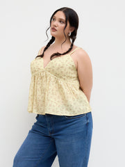 Cotton-blend V-neck Floral Lettuce Trim Ruffle Cami Top Curve & Plus