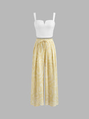 Square Neck Solid Crop Tank Top With High Rise Abstract Knotted Wide Leg Trousers