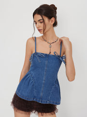 Denim Knotted Ruffle Hem Shirred Oversized Cami Top