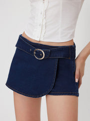 Stretch Denim Low Rise Wrap Belted Micro Mini Skort