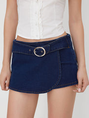 Stretch Denim Low Rise Wrap Belted Micro Mini Skort