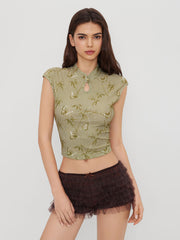 Mandarin Collar Butterfly & Bamboo Stripe Top
