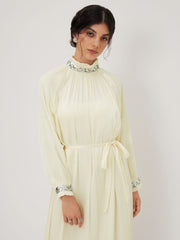 Stand Collar Sequin Detail Knotted Ruffle Maxi Dress