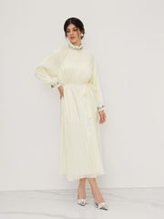 Stand Collar Sequin Detail Knotted Ruffle Maxi Dress