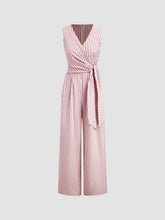 Cotton-blend V-neck Striped Knotted Wide Leg Jumpsuit