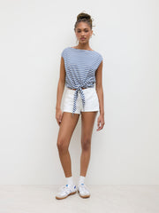 Cotton-blend Boat Neck Stripe Knotted Tee