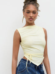 Boat Neck Knotted Asymmetrical Hem Ruched Tank Top