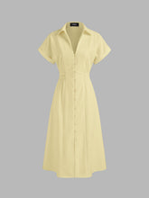 Linen-blend Collar Solid Shirred Button Midi Shirt Dress