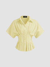 Linen-blend Collar V-neck Pleated Short Sleeve Shirt