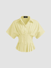 Linen-blend Collar V-neck Pleated Short Sleeve Shirt