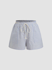 100% Cotton Mid Rise Stripe Drawstring Elastic Waist Shorts Curve & Plus