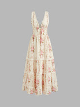 V-neck Lace Trim Floral Lace Up Layered Maxi Dress