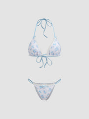 V-neck Floral Bowknot Halter Bikini Set & Cover Up Skirt