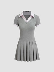 Cotton Collar Stripe Pleated Two Tone Mini Dress