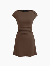 Cotton-blend Boat Neck Solid Ruched Mini Dress