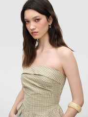 Plaid Ruched Asymmetrical Hem Fold Over Bandeau Top