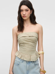 Plaid Ruched Asymmetrical Hem Fold Over Bandeau Top