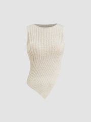 Knitted Boat Neck Asymmetrical Hem Split Top