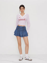 Denim Mid Rise Drawstring Layered Mini Skirt