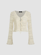 V-neck Shirred Tie Front Lettuce Trim See-through Blouse