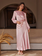 Satin Round Neckline Cinched Waist Ruffle Maxi Dress