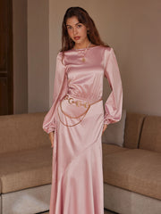 Satin Round Neckline Cinched Waist Ruffle Maxi Dress