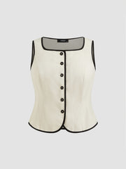 Linen-blend Boat Neck Contrasting Binding Vest Curve & Plus