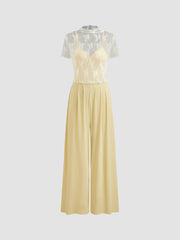 Lace See-through Top & V Neck Wide Leg Jumpsuit