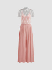 Lace See-through Top & V Neck Wide Leg Jumpsuit