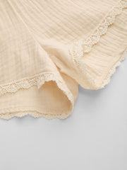 100% Cotton Square Neck Cut Out Knotted Lettuce Trim Top & High Rise Lace Trim Shorts Loungewear Set