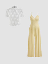 Lace See-through Top & V Neck Wide Leg Jumpsuit