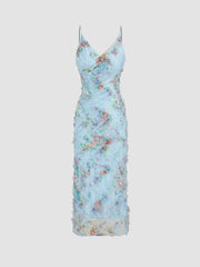 Mesh V-neck Floral Lettuce Trim Midi Dress