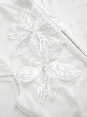 Mesh Stand Collar Sequin Flower See-through Tie Front Top