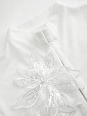 Mesh Stand Collar Sequin Flower See-through Tie Front Top