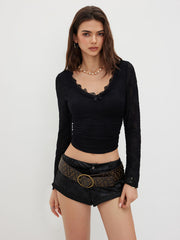 Lace V-neck Bowknot Ruched Long Sleeve Top